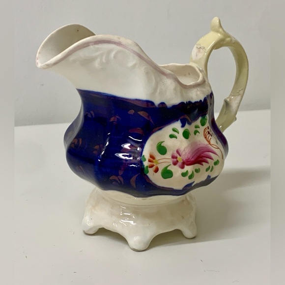19th Century Vintage Gaudy Welsh Feather Pattern Thorn Handled Creamer Jug - Picture 12 of 16